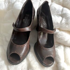 Franco Sarto Platform Wedge Peekaboo Mary Jane Leather Brown Shoes Cutout 7.5M